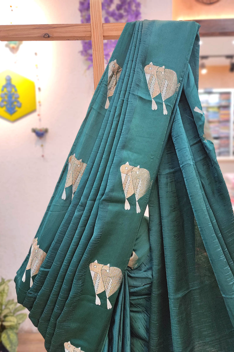 Bottle Green Mashru Silk Banarasi Saree with Zari Sparrow Bird Motifs & Running Blouse