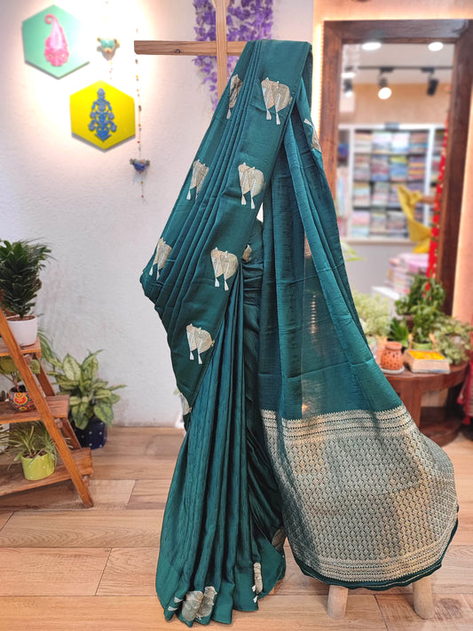 Bottle Green Gajji Silk Banarasi Saree with Zari Sparrow Bird Motifs & Running Blouse