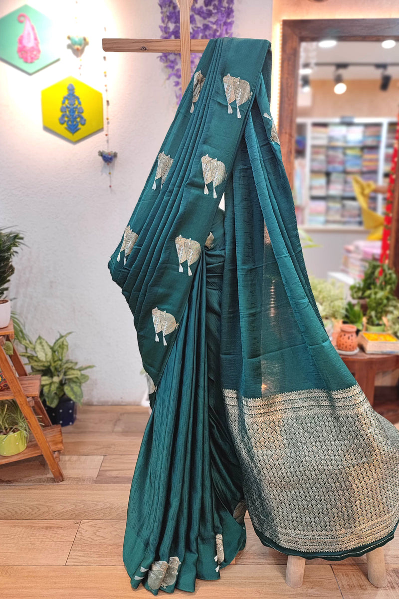 Bottle Green Mashru Silk Banarasi Saree with Zari Sparrow Bird Motifs & Running Blouse