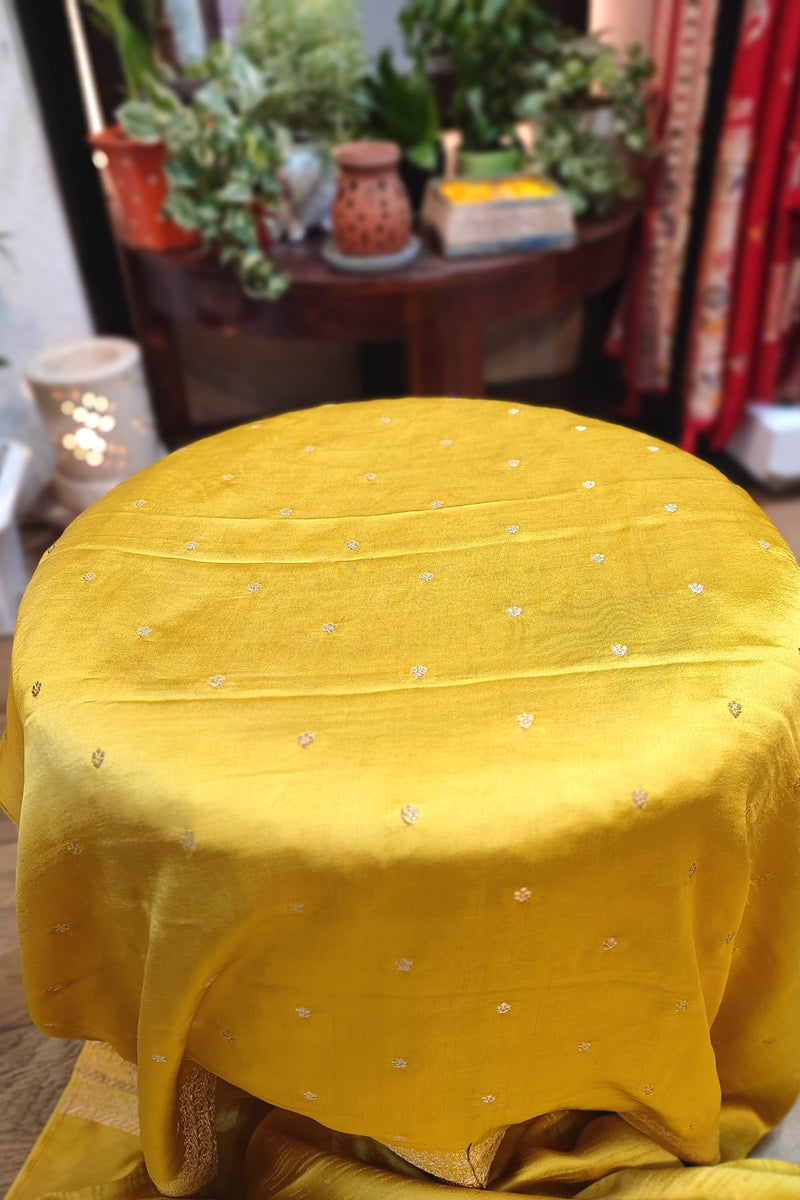 Yellow Mashru Silk Banarasi Saree with Zari Sparrow Bird Motifs & Running Blouse
