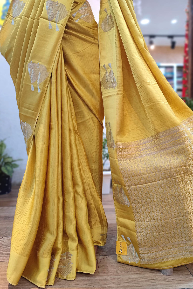 Yellow Mashru Silk Banarasi Saree with Zari Sparrow Bird Motifs & Running Blouse