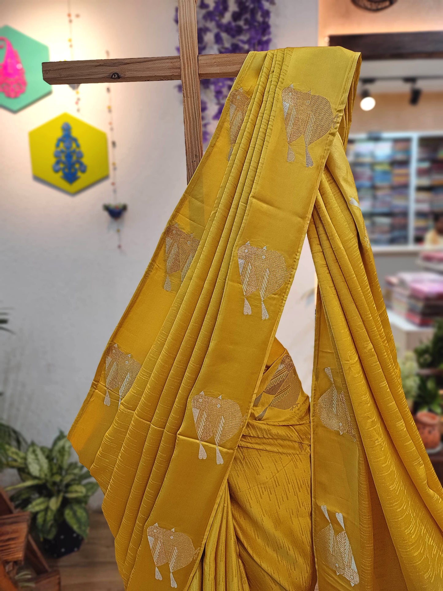 Yellow Gajji Silk Banarasi Saree with Zari Sparrow Bird Motifs & Running Blouse