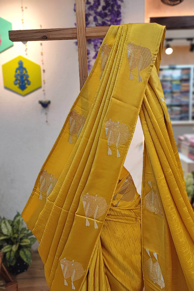 Yellow Mashru Silk Banarasi Saree with Zari Sparrow Bird Motifs & Running Blouse