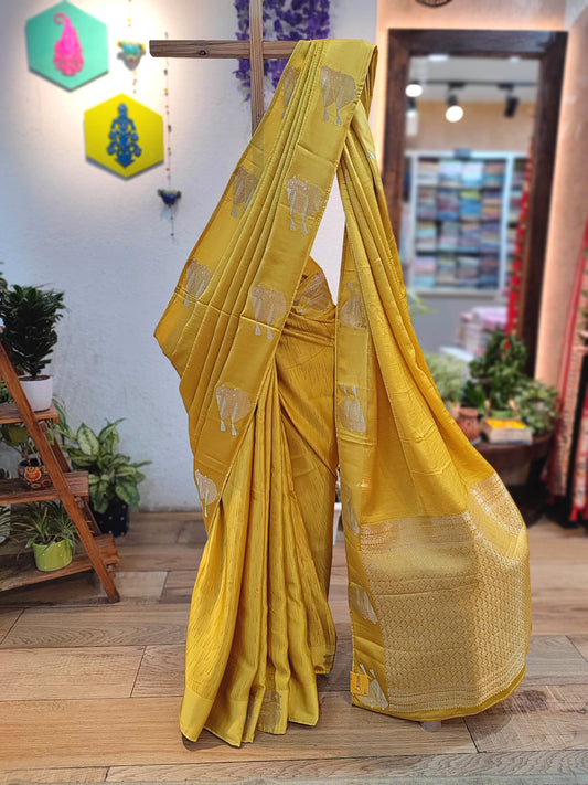 Yellow Gajji Silk Banarasi Saree with Zari Sparrow Bird Motifs & Running Blouse