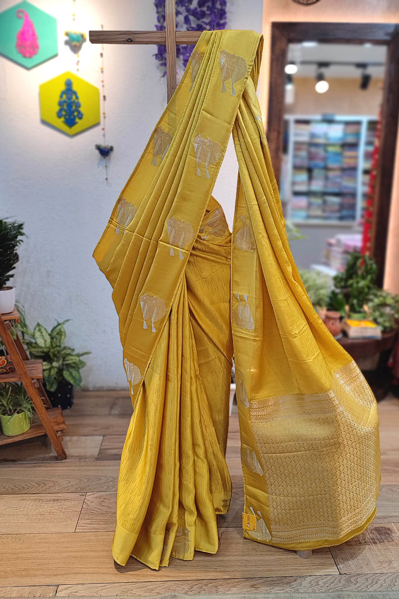 Yellow Mashru Silk Banarasi Saree with Zari Sparrow Bird Motifs & Running Blouse