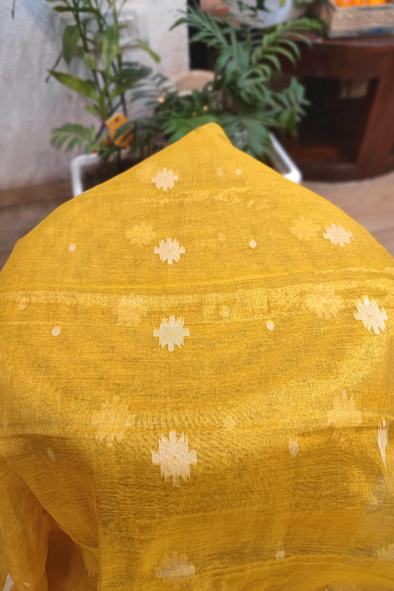 Sunshine Yellow Mulmul Tissue Saree with White Floral and Soft Texture