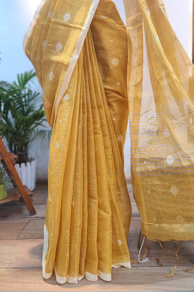 Sunshine Yellow Mulmul Tissue Saree with White Floral and Soft Texture