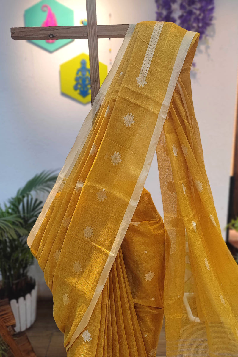 Sunshine Yellow Mulmul Tissue Saree with White Floral and Soft Texture