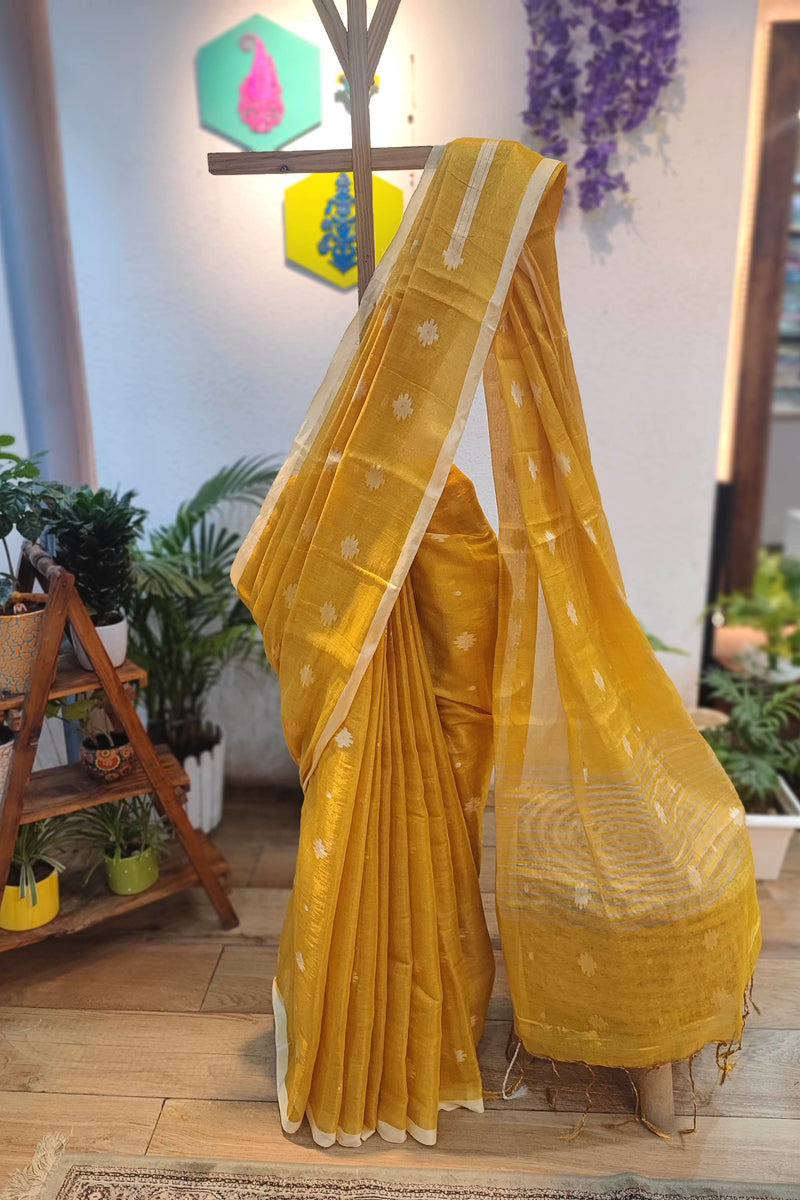 Sunshine Yellow Mulmul Tissue Saree with White Floral and Soft Texture
