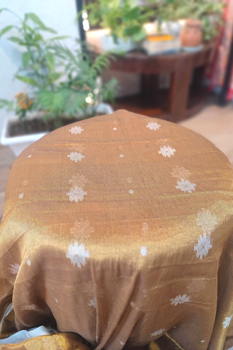 Mustard Gold Mulmul Tissue Saree with White Floral and Running Blouse
