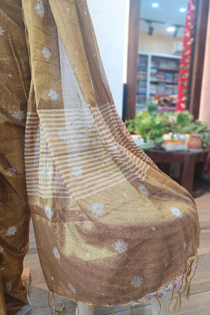 Mustard Gold Mulmul Tissue Saree with White Floral and Running Blouse