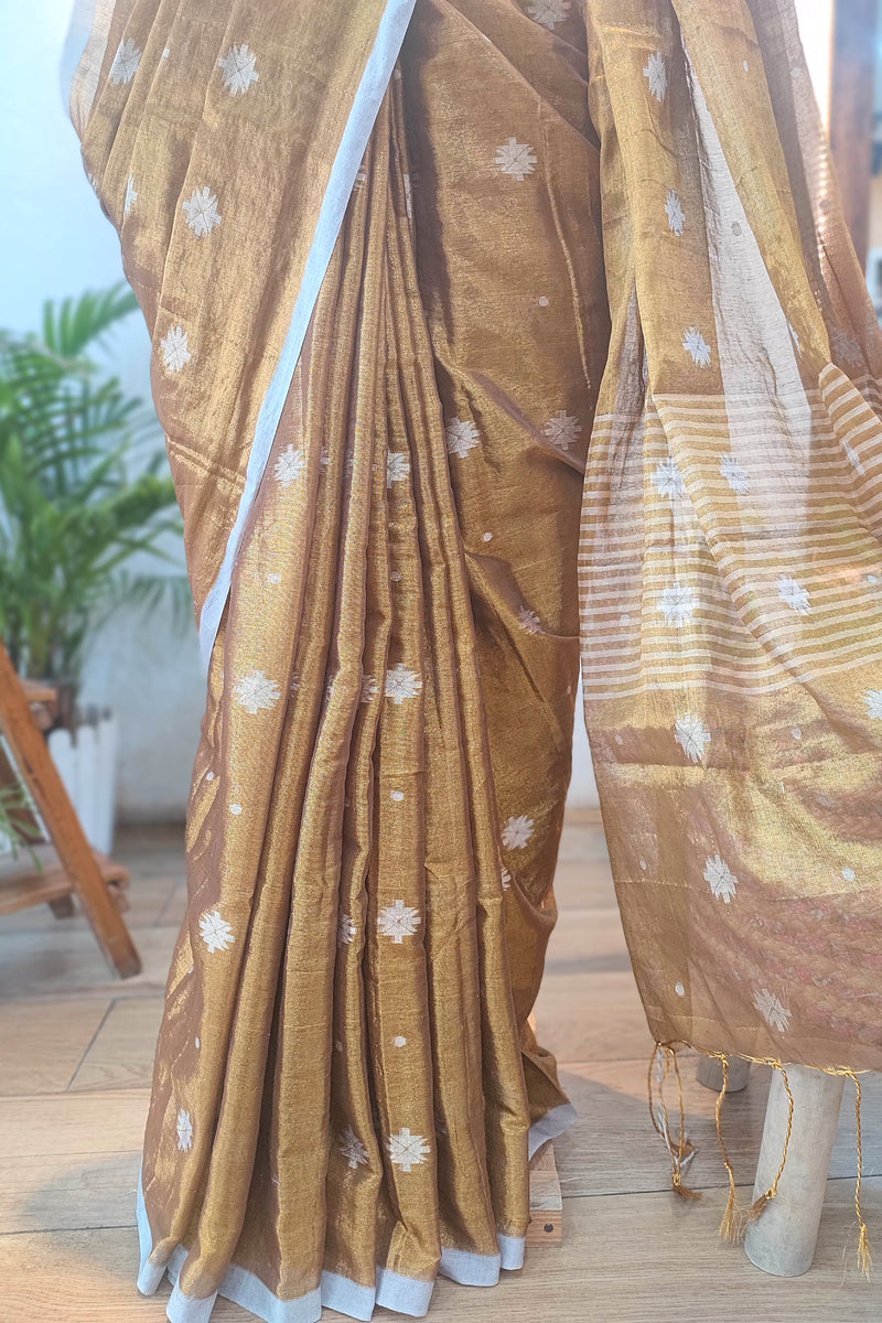 Mustard Gold Mulmul Tissue Saree with White Floral and Running Blouse