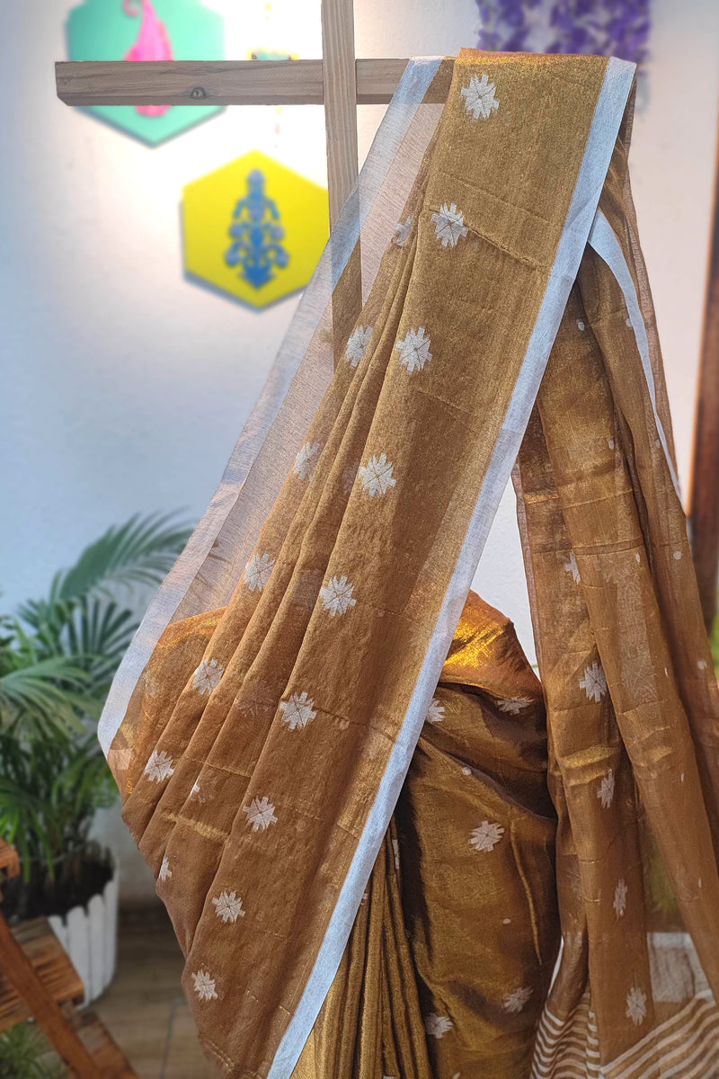 Mustard Gold Mulmul Tissue Saree with White Floral and Running Blouse