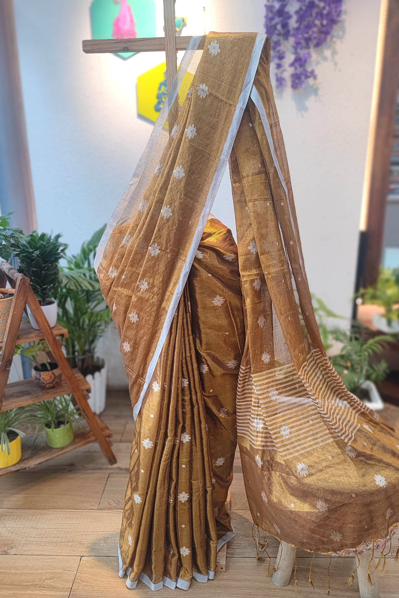 Mustard Gold Mulmul Tissue Saree with White Floral and Running Blouse