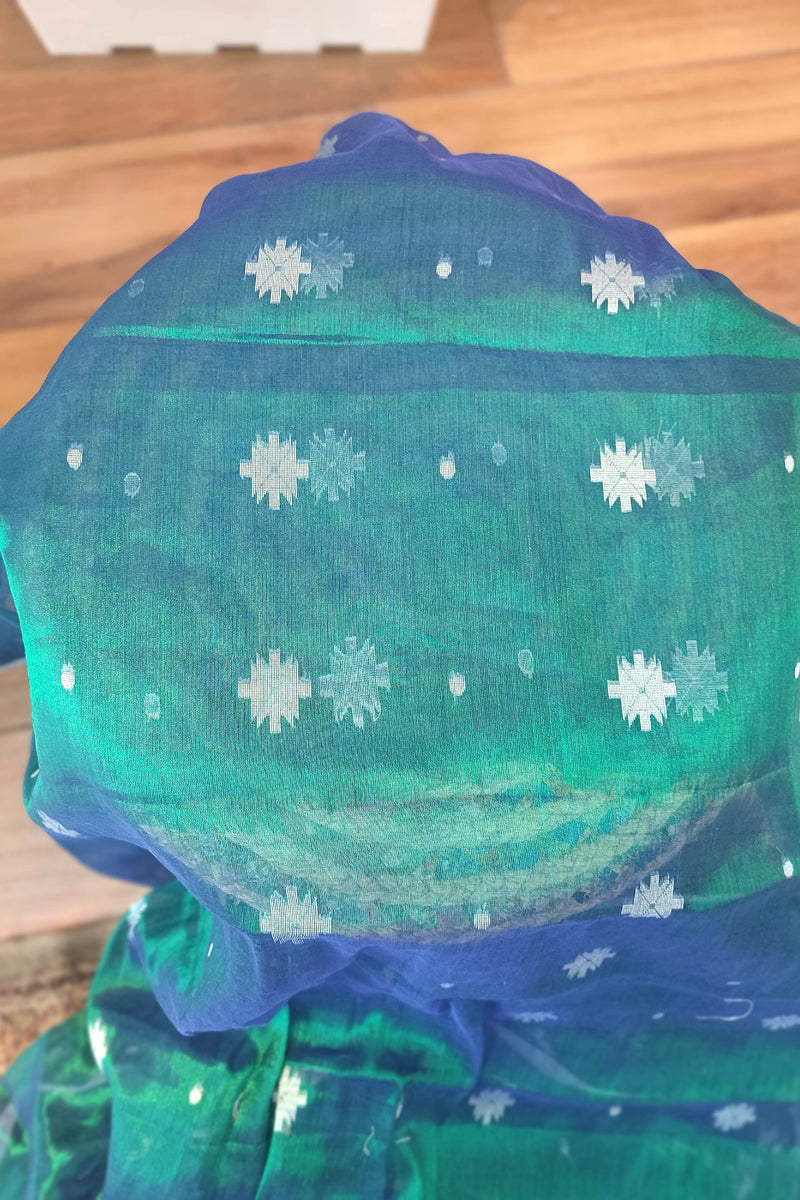 Elegant Teal Green & Royal Blue Mulmul Tissue Saree with White Motifs