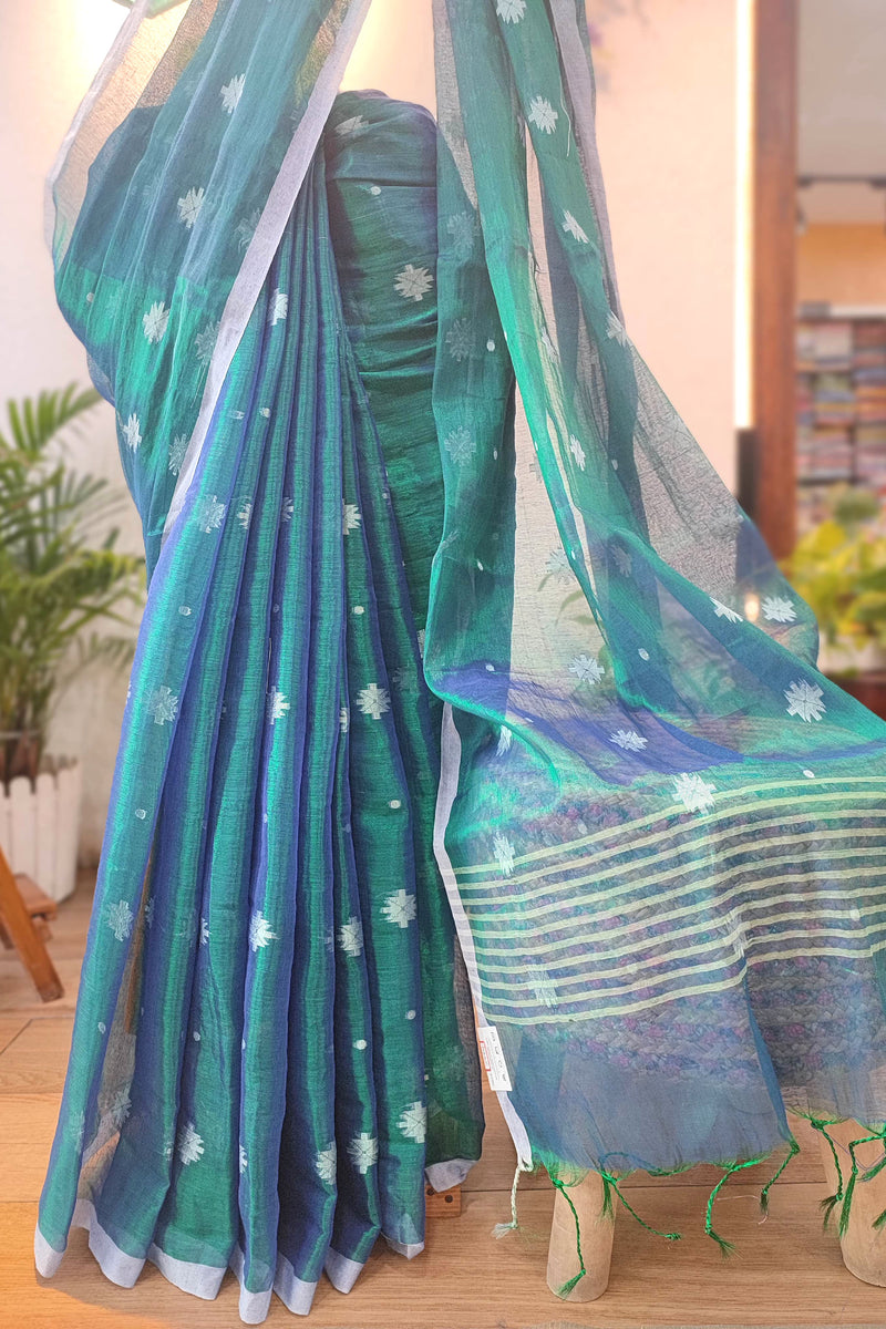 Elegant Teal Green & Royal Blue Mulmul Tissue Saree with White Motifs