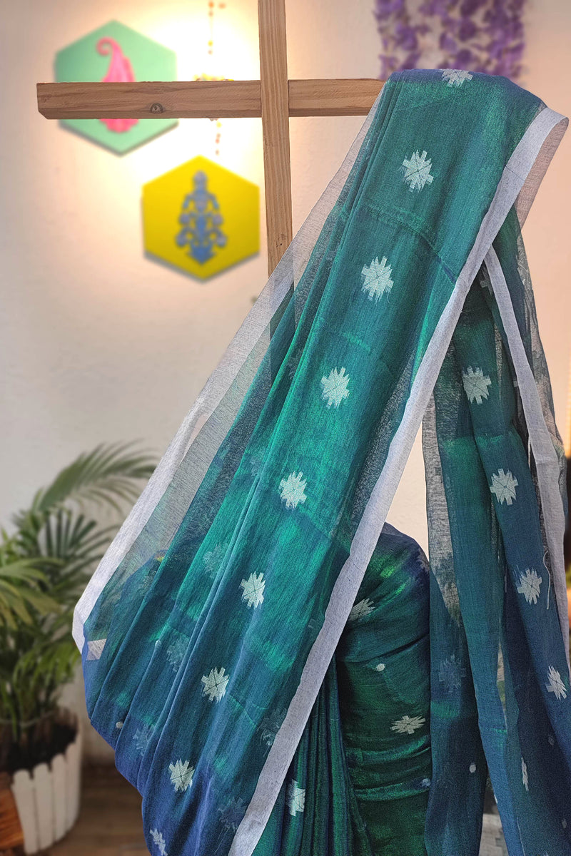 Elegant Teal Green & Royal Blue Mulmul Tissue Saree with White Motifs