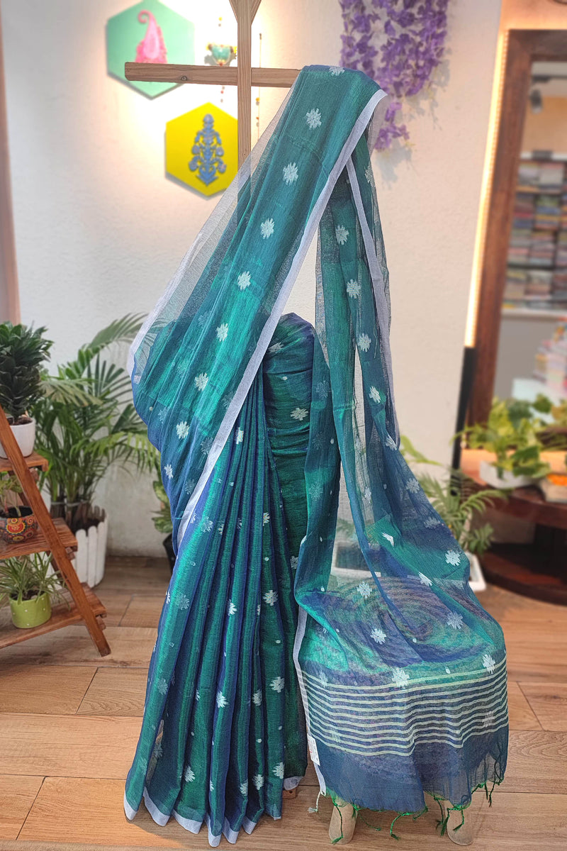 Elegant Teal Green & Royal Blue Mulmul Tissue Saree with White Motifs