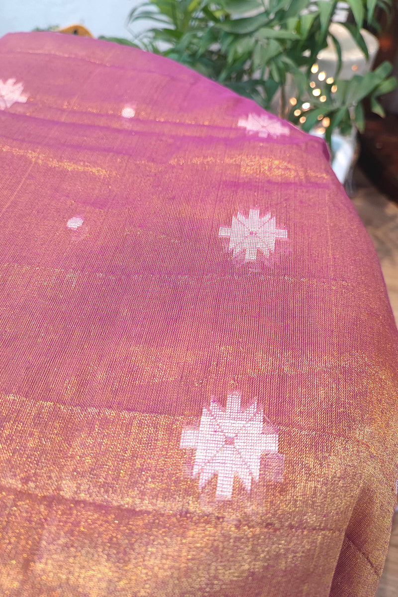 Elegant Copper-Brown & Mauve Mulmul Tissue Saree with White Motifs