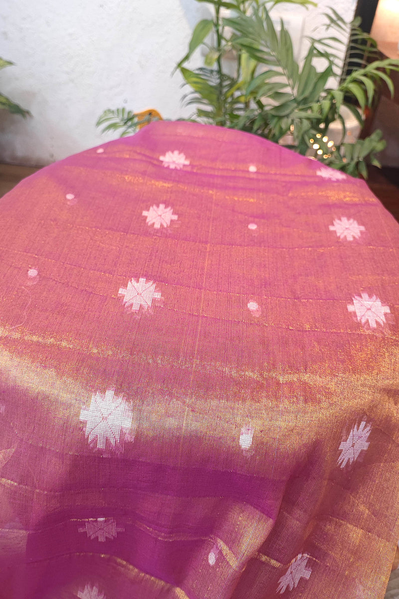 Elegant Copper-Brown & Mauve Mulmul Tissue Saree with White Motifs