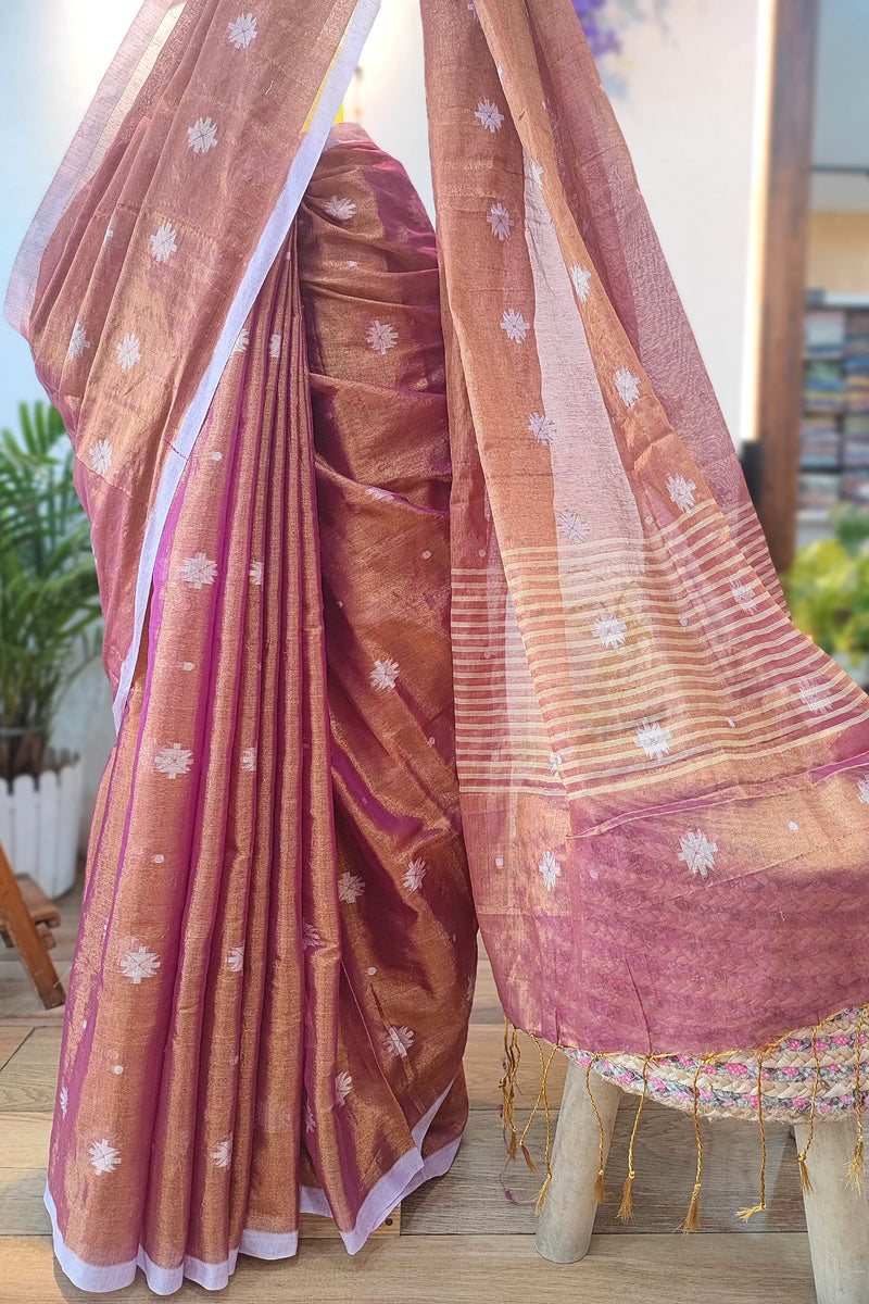 Elegant Copper-Brown & Mauve Mulmul Tissue Saree with White Motifs