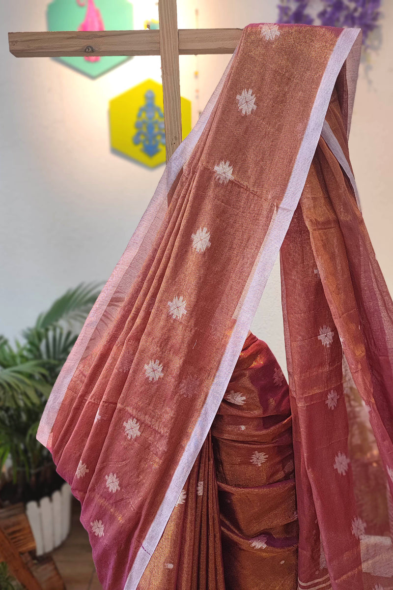 Elegant Copper-Brown & Mauve Mulmul Tissue Saree with White Motifs