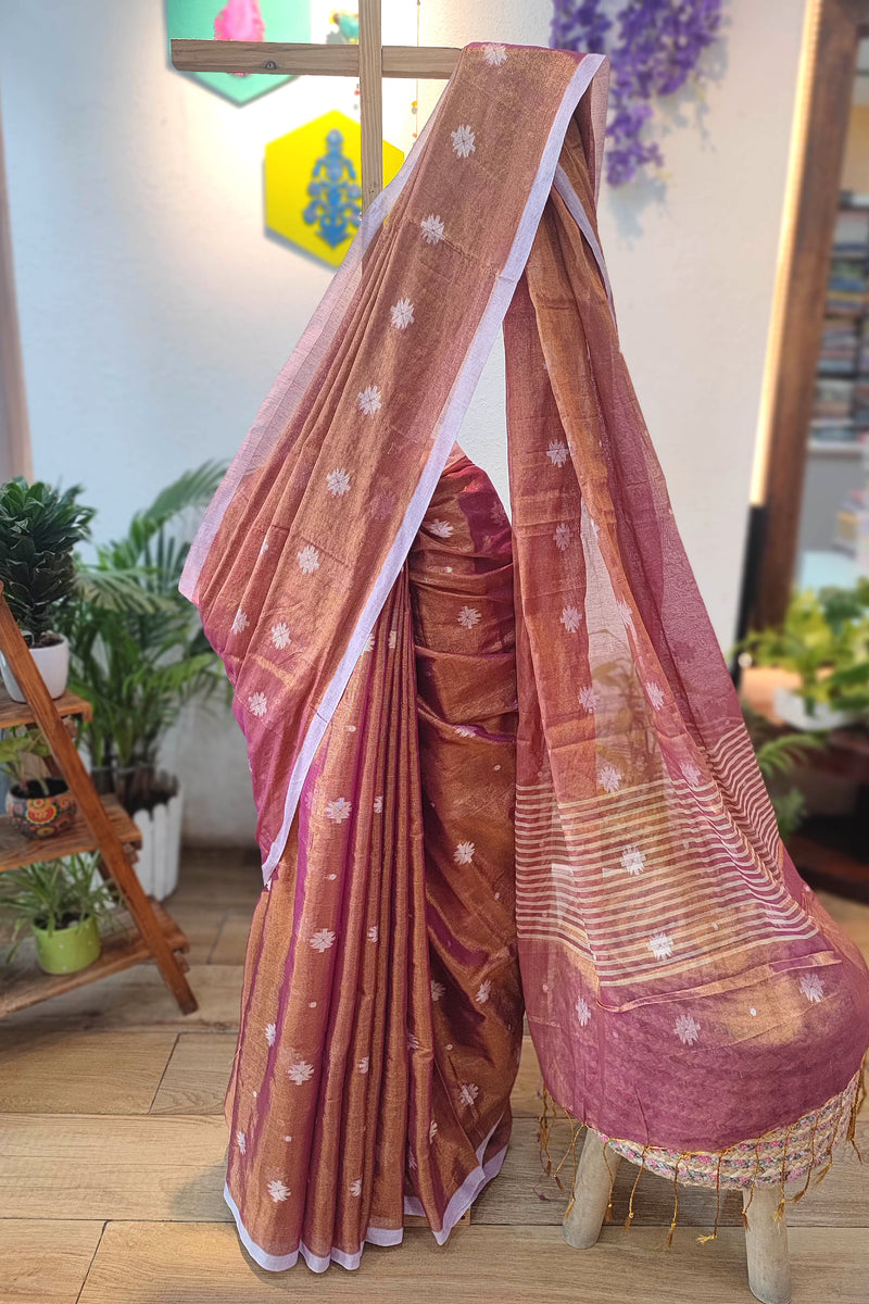 Elegant Copper-Brown & Mauve Mulmul Tissue Saree with White Motifs