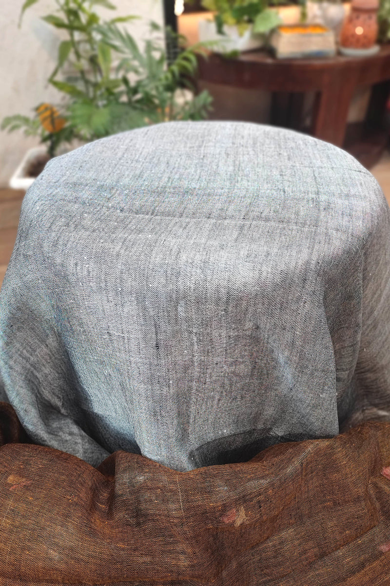 Brown Floral Embroidered Pure Linen Saree with Silver Border & Contrast Pallu – Elegant Daily & Office Wear with Black-White Tassels