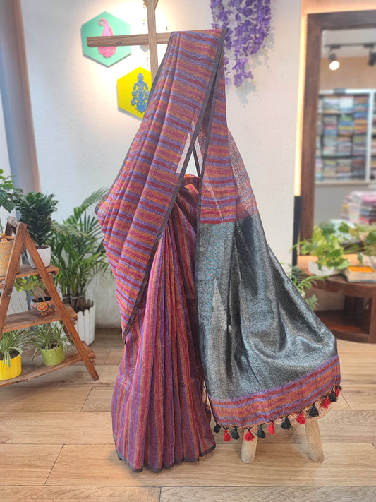 Vibrant Multicolor Striped Pure Linen Saree with Contrast Shimmering Pallu and Tassels