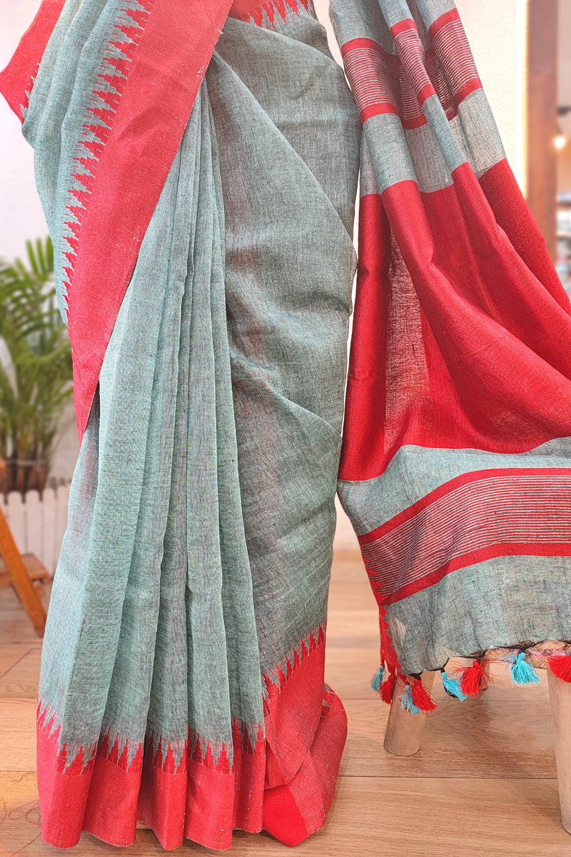 Vibrant Turquoise Green and Red Pure Linen Saree with Woven Border and Multicolor Tassel Pallu – Lightweight Ethnic Drape for Office & Festive Wear