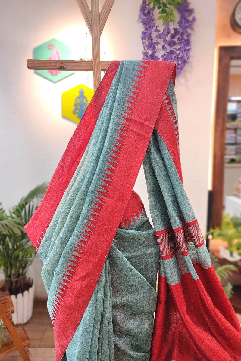 Vibrant Turquoise Green and Red Pure Linen Saree with Woven Border and Multicolor Tassel Pallu – Lightweight Ethnic Drape for Office & Festive Wear