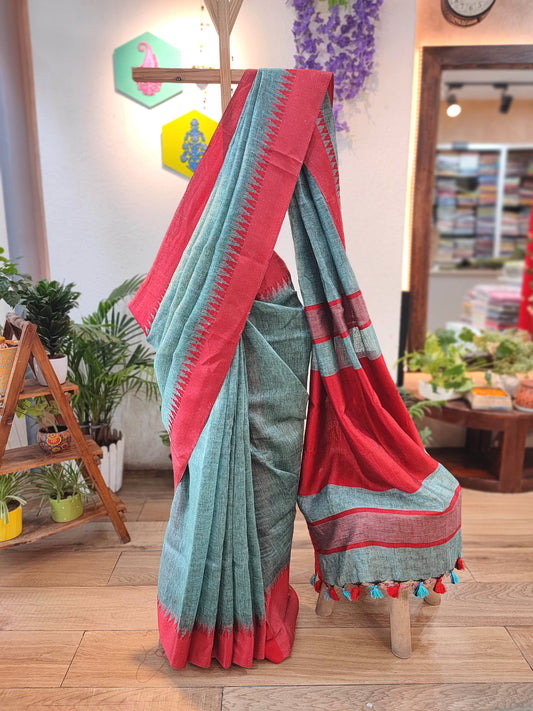 Vibrant Turquoise Green and Red Pure Linen Saree with Woven Border and Multicolor Tassel Pallu – Lightweight Ethnic Drape for Office & Festive Wear