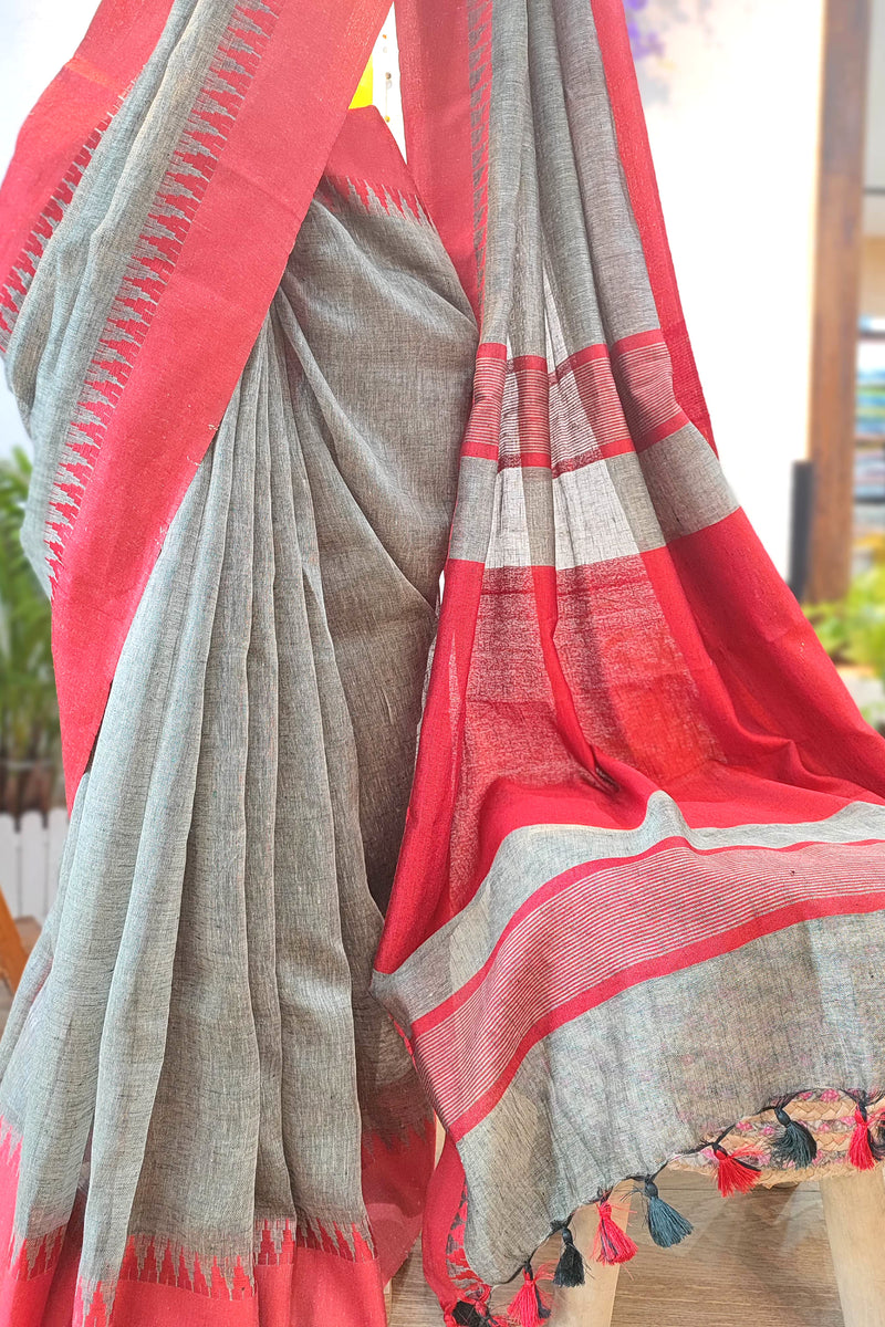 Elegant Grey and Red Pure Linen Saree with Woven Border and Multi-Color Tassel Pallu – Lightweight Traditional Drape for Festive & Office Wear