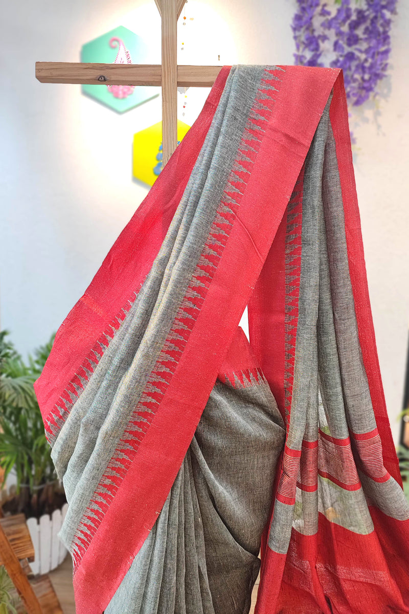 Elegant Grey and Red Pure Linen Saree with Woven Border and Multi-Color Tassel Pallu – Lightweight Traditional Drape for Festive & Office Wear