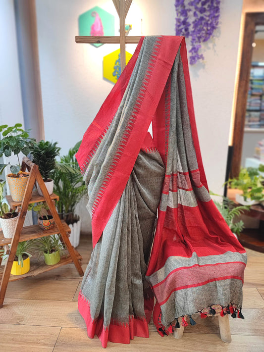 Elegant Grey and Red Pure Linen Saree with Woven Border and Multi-Color Tassel Pallu – Lightweight Traditional Drape for Festive & Office Wear