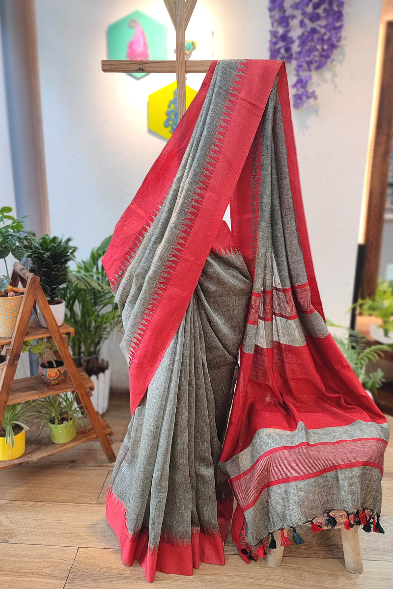 Elegant Grey and Red Pure Linen Saree with Woven Border and Multi-Color Tassel Pallu – Lightweight Traditional Drape for Festive & Office Wear