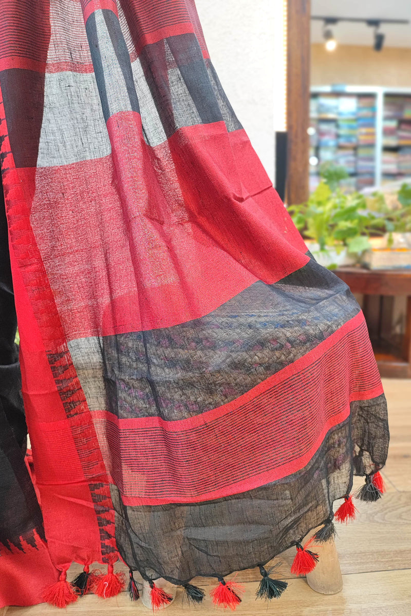 Premium Black and Red Pure Linen Saree with Woven Border and Contrast Tassel Pallu