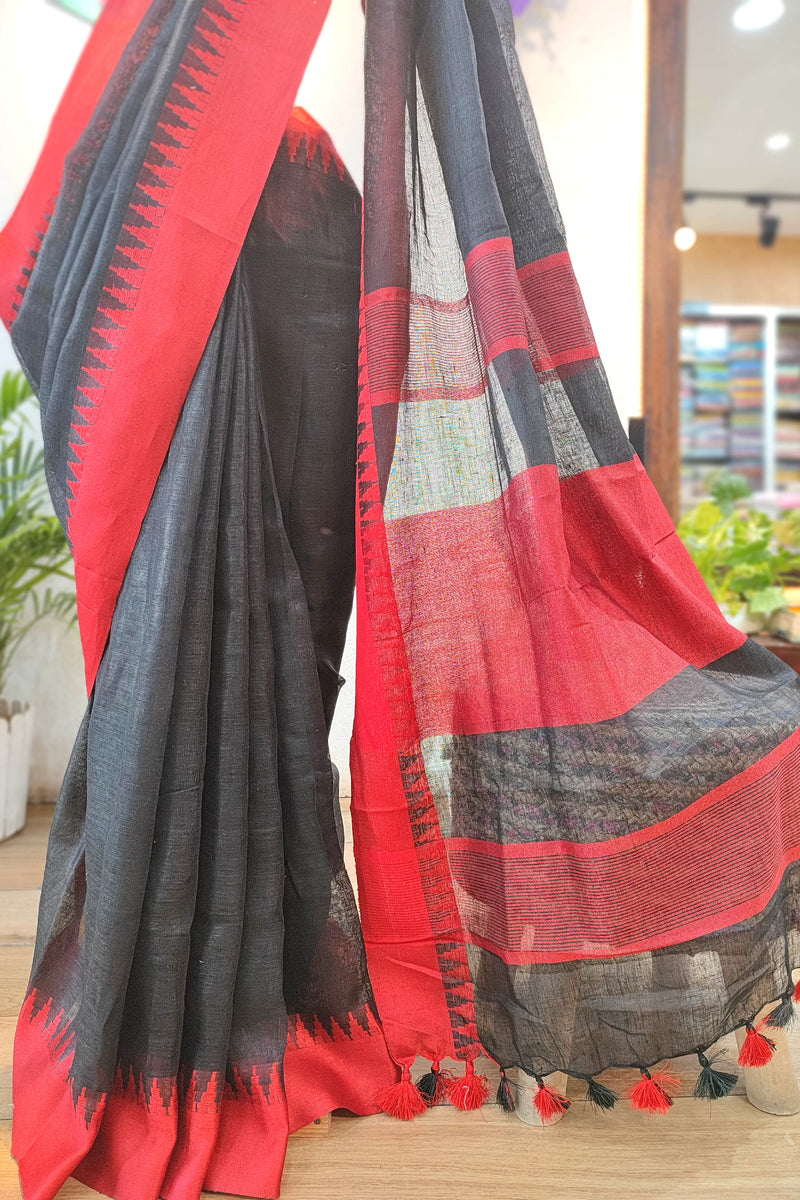 Premium Black and Red Pure Linen Saree with Woven Border and Contrast Tassel Pallu