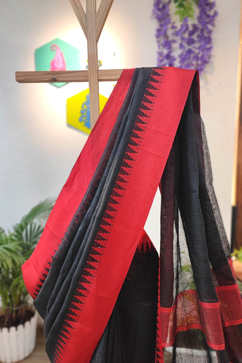 Premium Black and Red Pure Linen Saree with Woven Border and Contrast Tassel Pallu