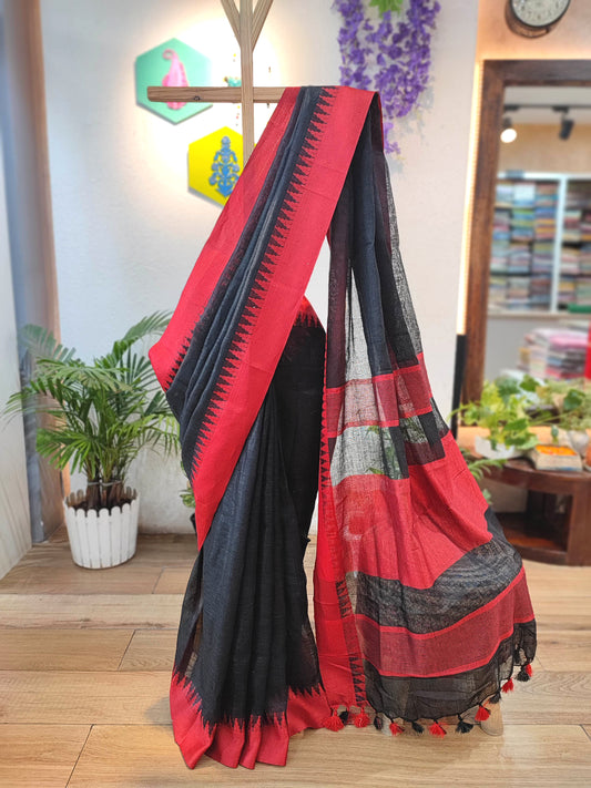 Premium Black and Red Pure Linen Saree with Woven Border and Contrast Tassel Pallu