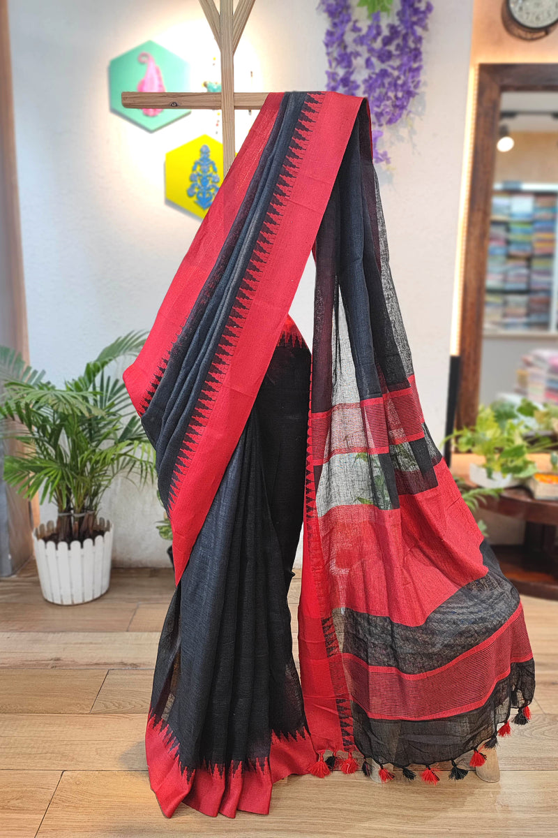 Premium Black and Red Pure Linen Saree with Woven Border and Contrast Tassel Pallu