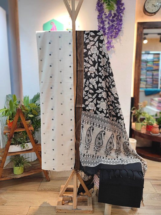 Ivory White Handloom Cotton Suit with Black Kalamkari Dupatta & Solid Black Bottom