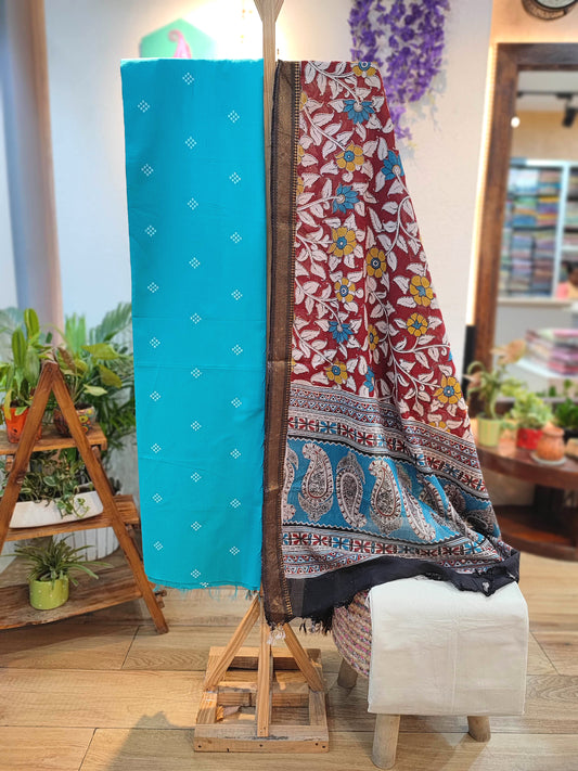 Turquoise Blue Handloom Cotton Suit with Maroon Kalamkari Dupatta & Off-White Bottom