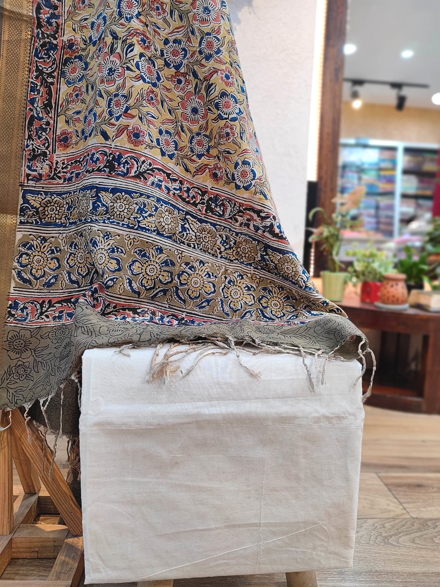 Indigo Blue Handloom Cotton Suit with Beige Kalamkari Dupatta & Off-White Bottom