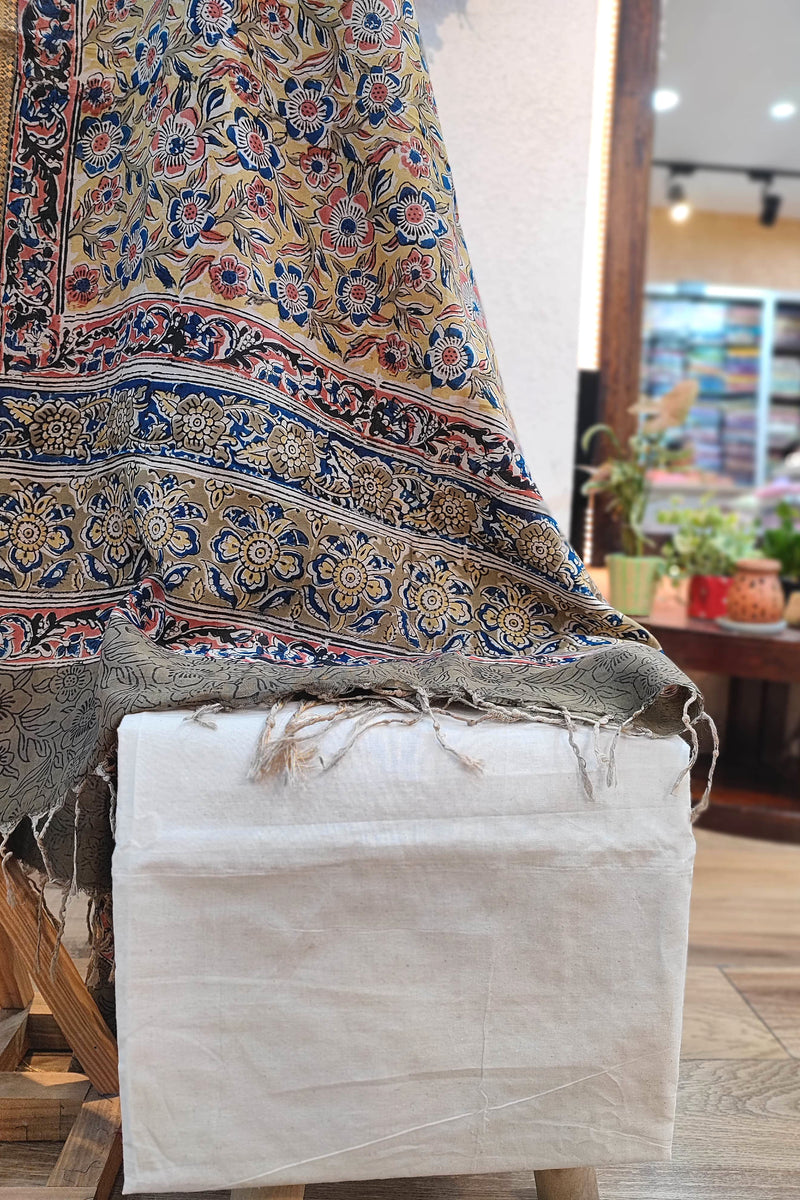 Indigo Blue Handloom Cotton Suit with Beige Kalamkari Dupatta & Off-White Bottom