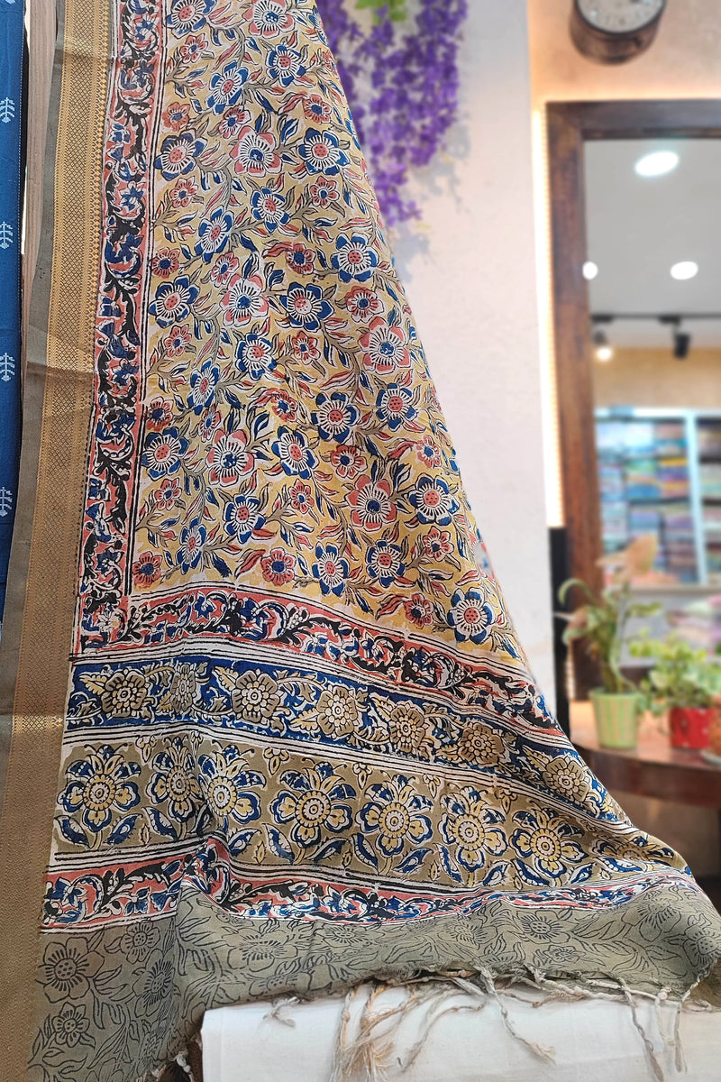 Indigo Blue Handloom Cotton Suit with Beige Kalamkari Dupatta & Off-White Bottom