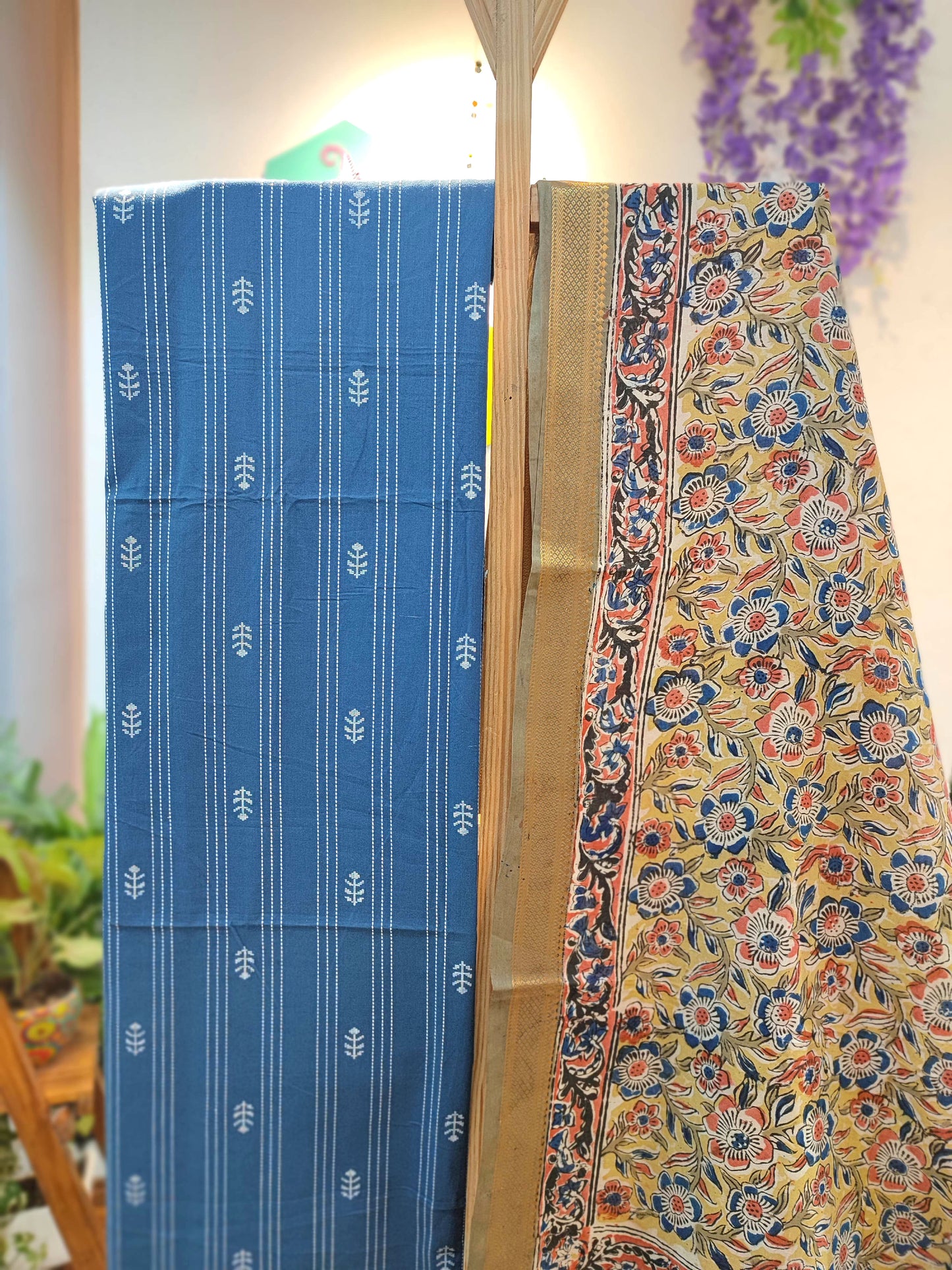 Indigo Blue Handloom Cotton Suit with Beige Kalamkari Dupatta & Off-White Bottom