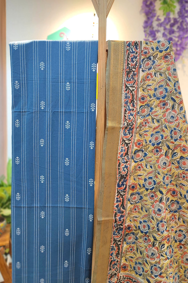 Indigo Blue Handloom Cotton Suit with Beige Kalamkari Dupatta & Off-White Bottom