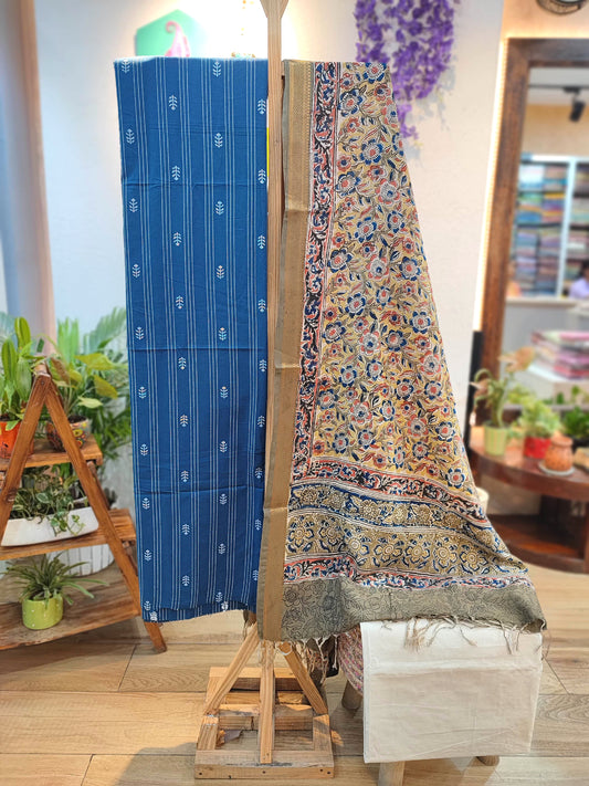 Indigo Blue Handloom Cotton Suit with Beige Kalamkari Dupatta & Off-White Bottom