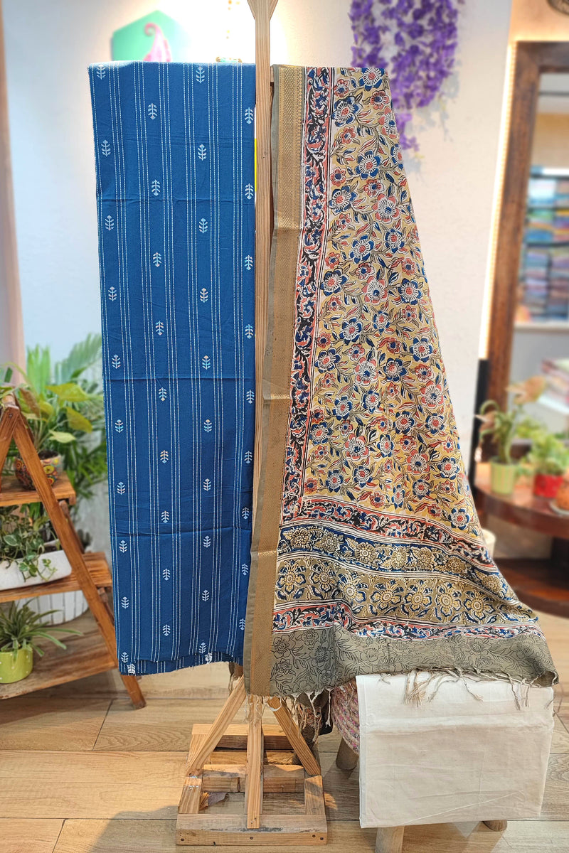 Indigo Blue Handloom Cotton Suit with Beige Kalamkari Dupatta & Off-White Bottom